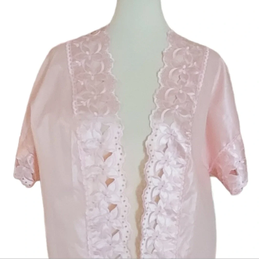 Vintage Pink Satin Lace Trim Robe Short‎ Sleeve Duster Peignoir Coquette L